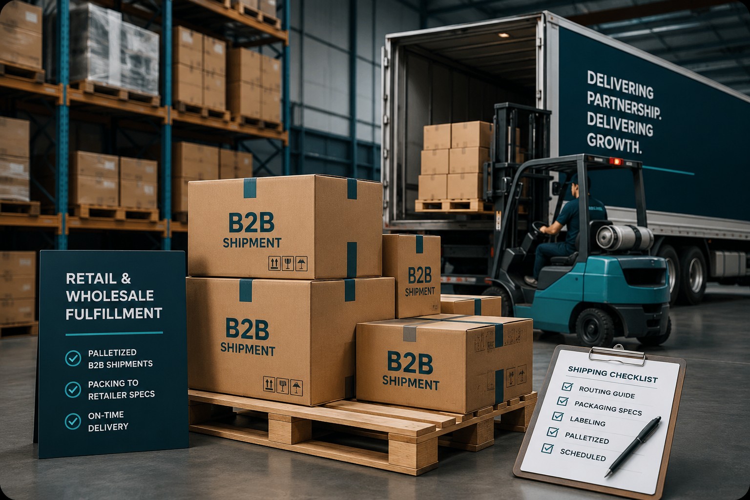 Palletized B2B shipments staged in a warehouse with a forklift loading a delivery truck