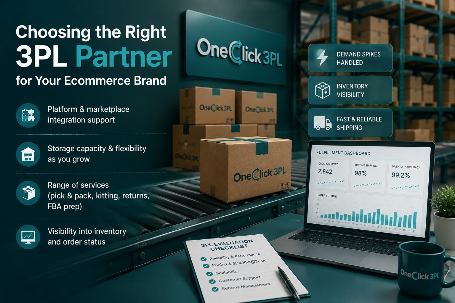 Infographic on choosing the right 3PL partner: platform integration, storage flexibility, service range, and inventory visibility
