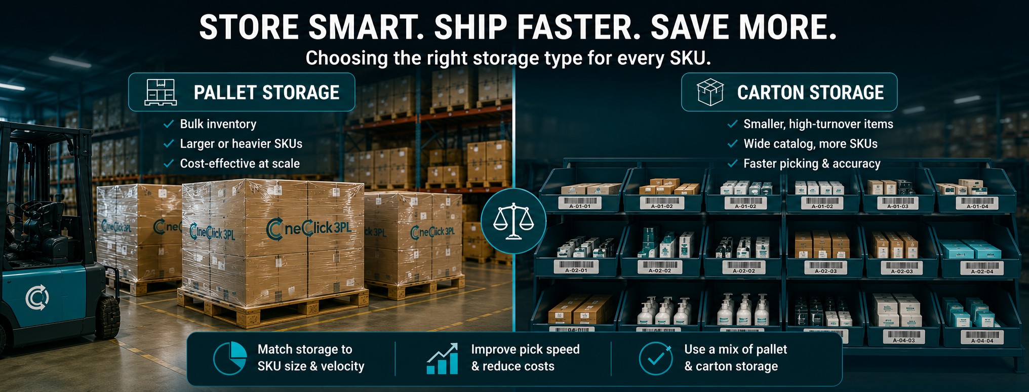 Split warehouse comparison of pallet storage for bulk inventory and carton storage for smaller, high-turnover SKUs