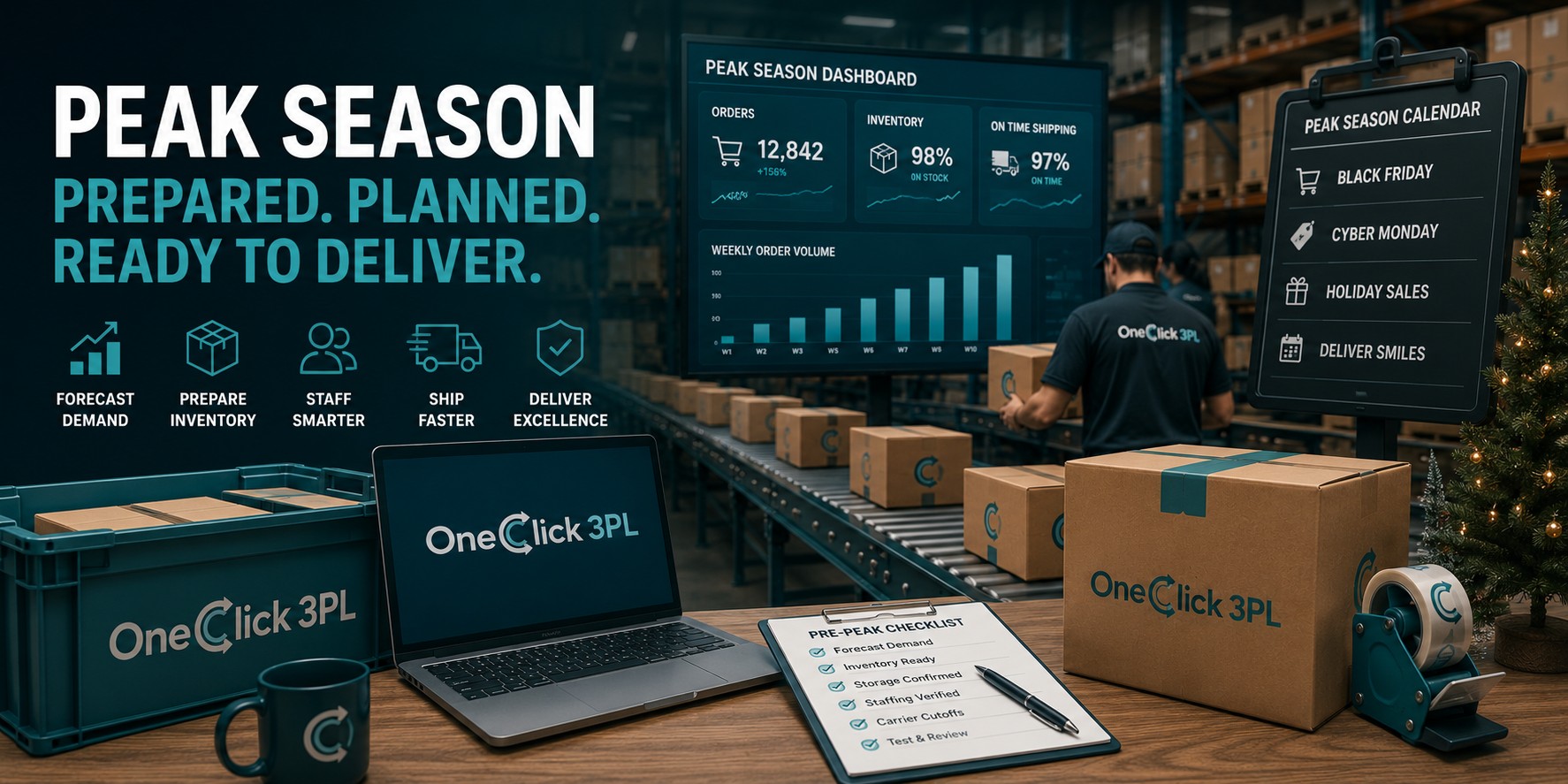 One Click 3PL peak season readiness dashboard, checklist, and warehouse conveyor with holiday-branded boxes