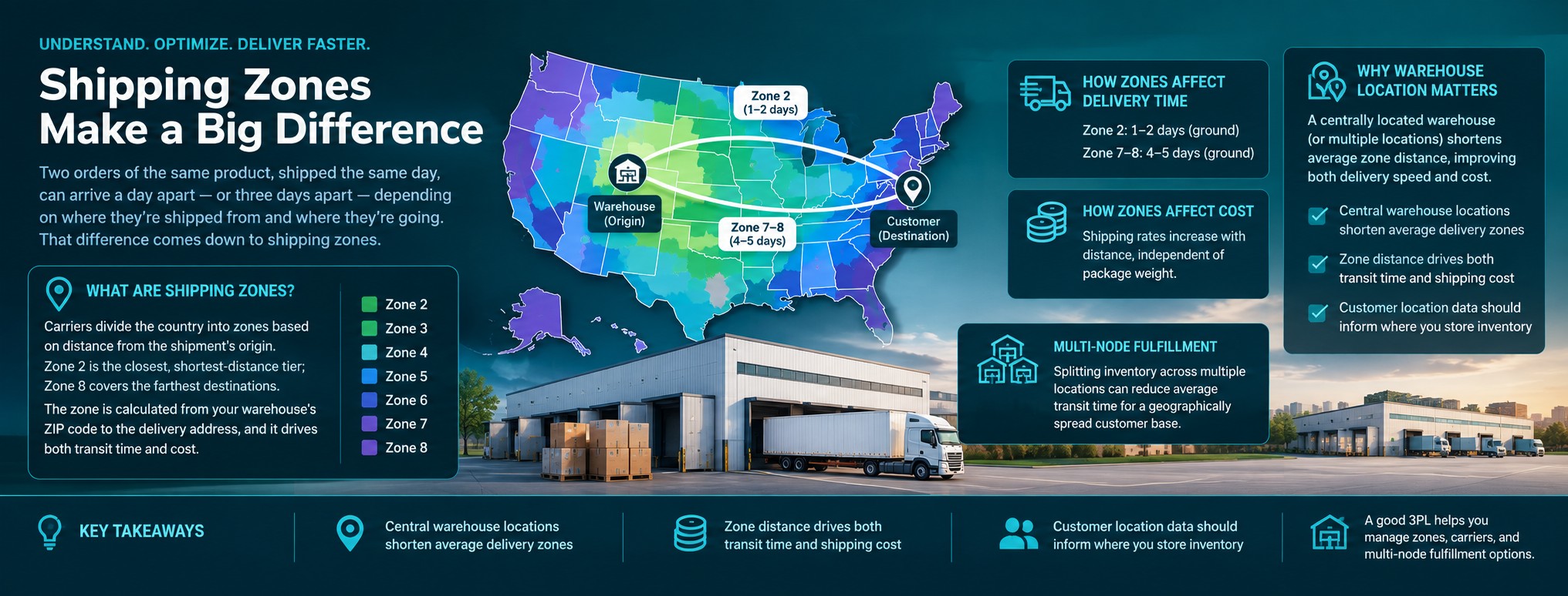 US shipping zone map showing zone 2 through zone 8 delivery times from a central warehouse