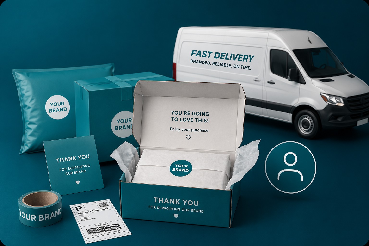 Branded direct-to-consumer packaging — mailers, boxes, thank-you card and shipping label with a delivery van