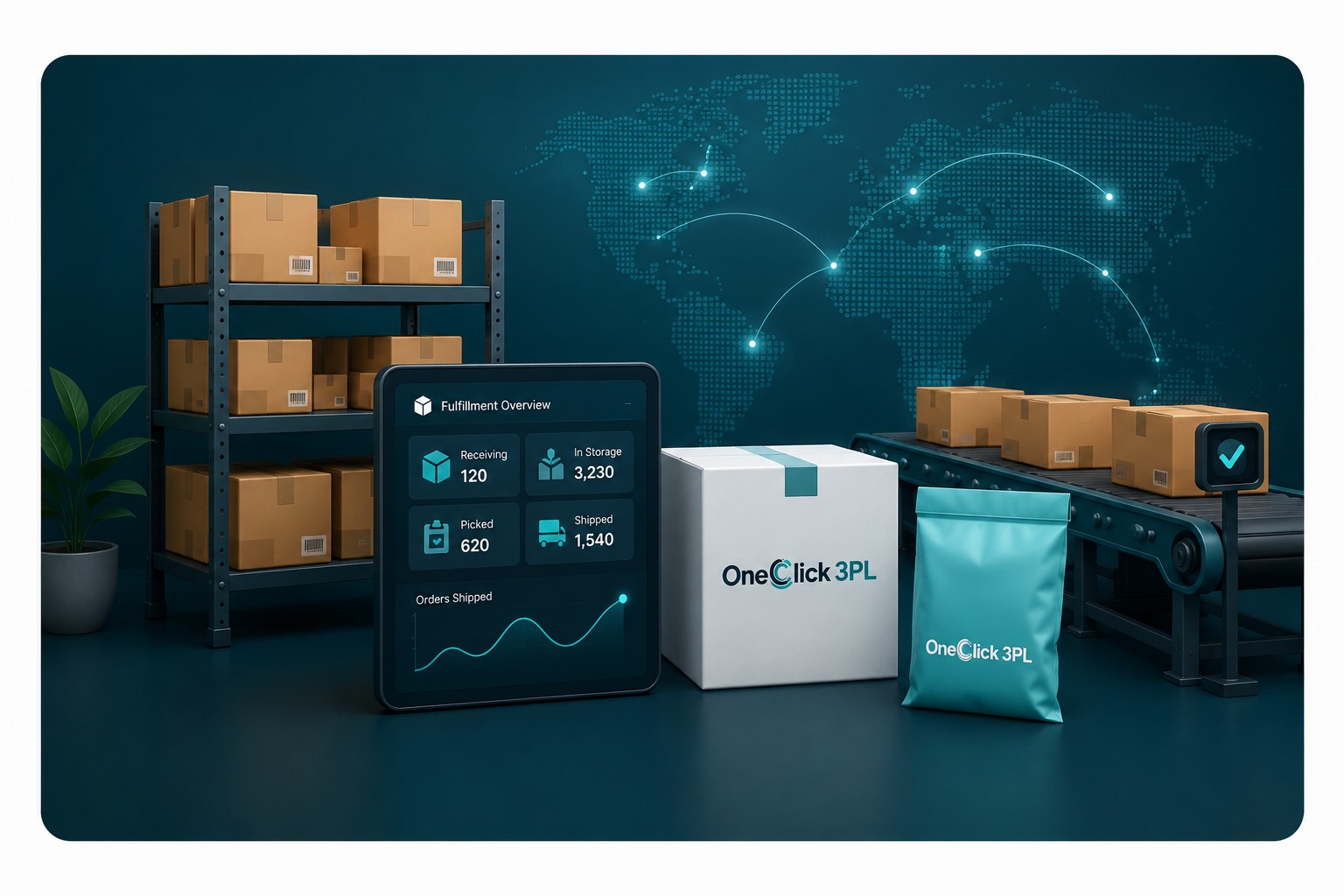 One Click 3PL fulfillment dashboard with warehouse shelving, packaged shipments and a global shipping network
