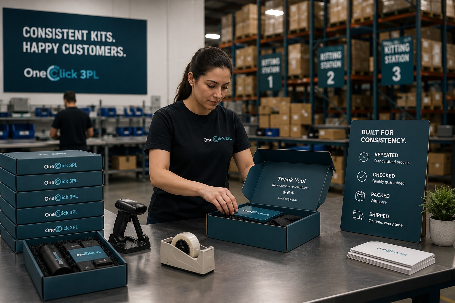 Warehouse kitting stations with an associate assembling a branded kit box, alongside a consistency checklist board