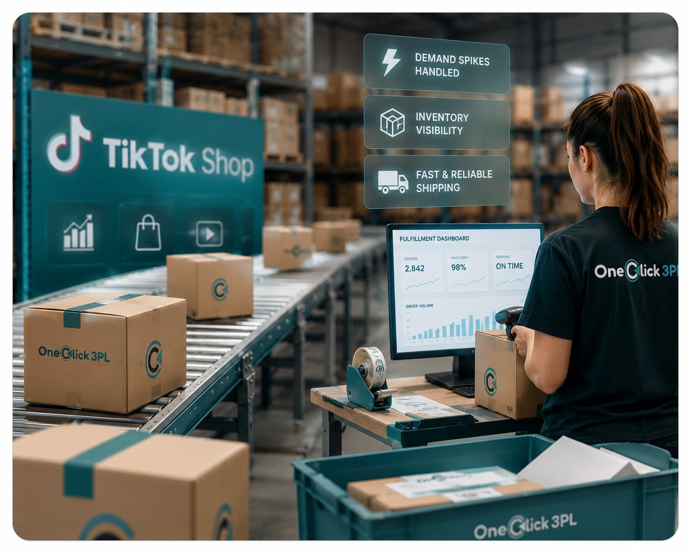 TikTok Shop order conveyor with branded boxes and a fulfillment dashboard showing order volume and shipping metrics