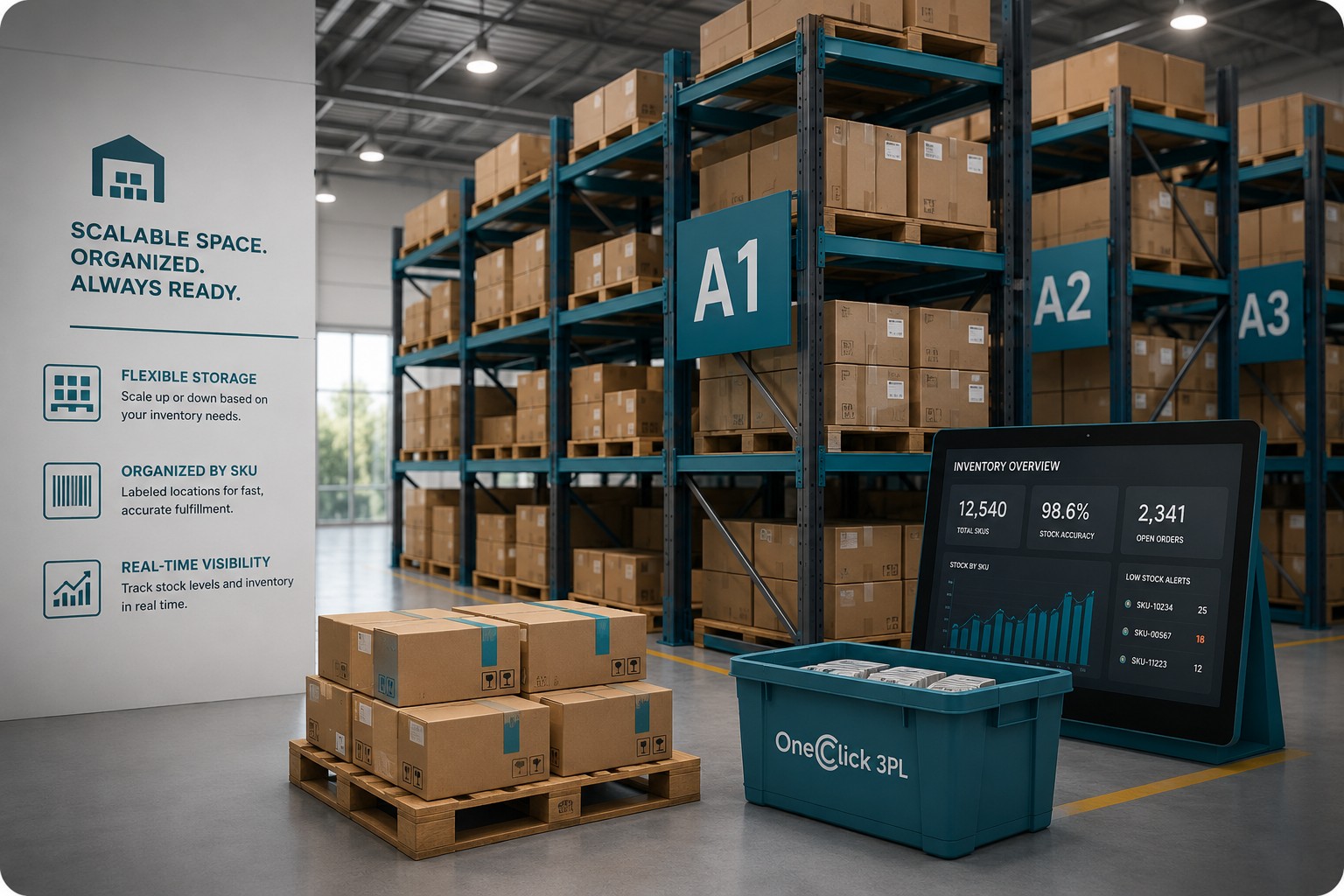 Warehouse racking labeled by SKU location with palletized boxes and an inventory-overview dashboard